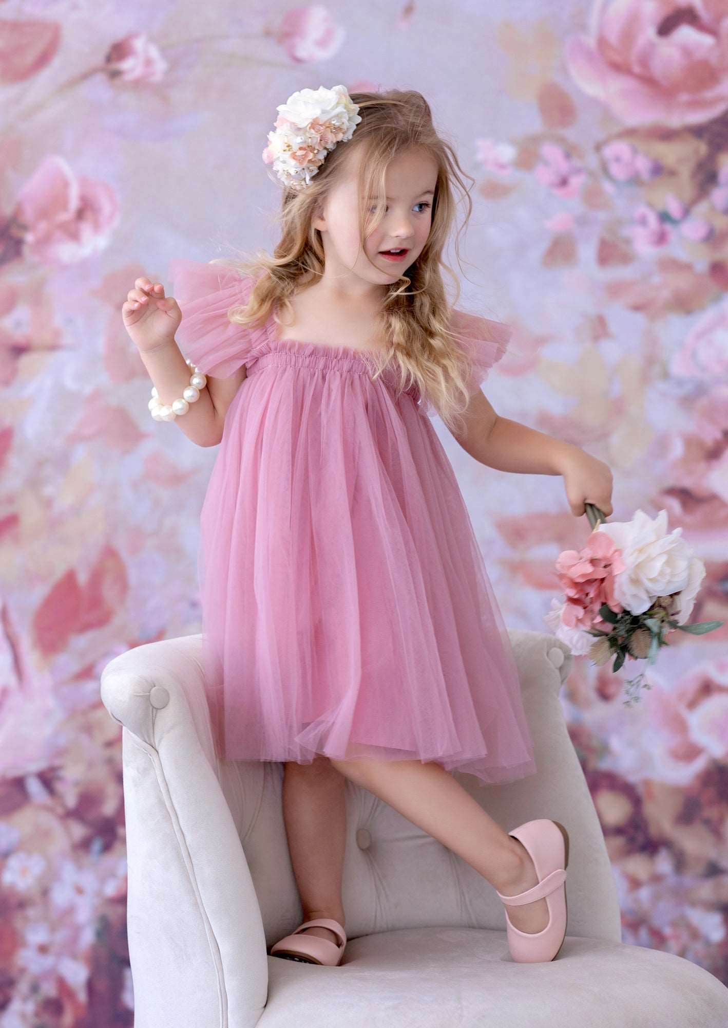 Girls Flutter Sleeve Tulle Dress Dusty Pink Pink