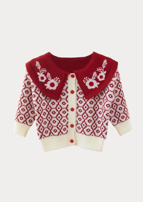 Print Collared Cardigan | Red - 
