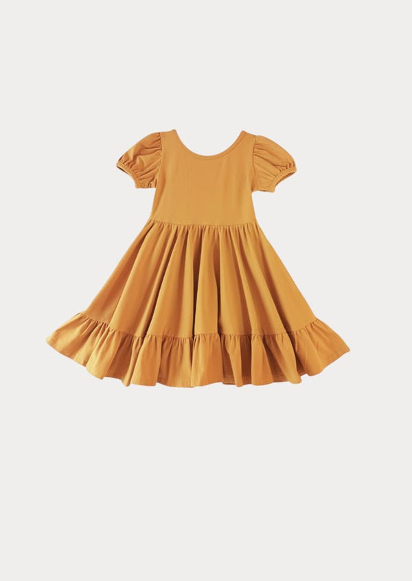 Puff Sleeve Cotton Twirl Dress Gold - 