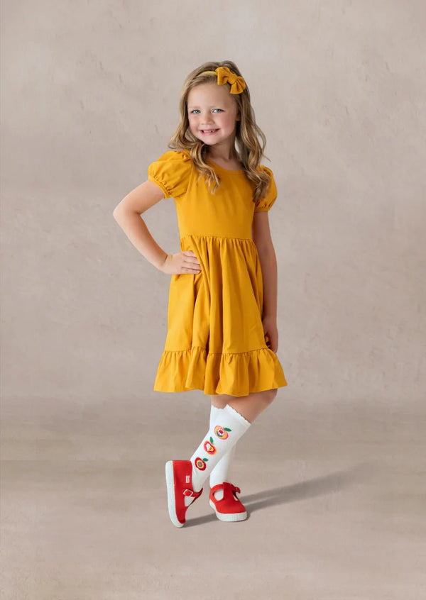 Puff Sleeve Cotton Twirl Dress Gold - 