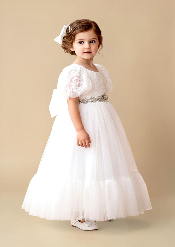 Puff Sleeve Elegant White Flower Girl Dress - 