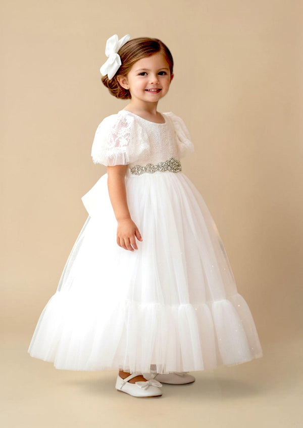 Puff Sleeve Elegant White Flower Girl Dress - 