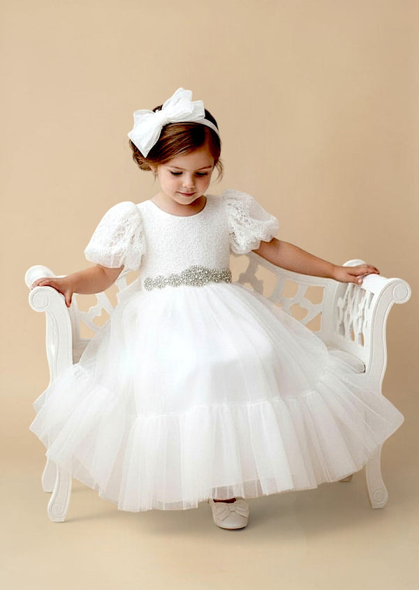 Puff Sleeve Elegant White Flower Girl Dress - 