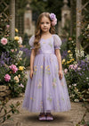 Puff Sleeve Floral Tulle Flower Girl Dress - Lavender - 