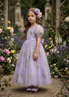Puff Sleeve Floral Tulle Flower Girl Dress - Lavender - 