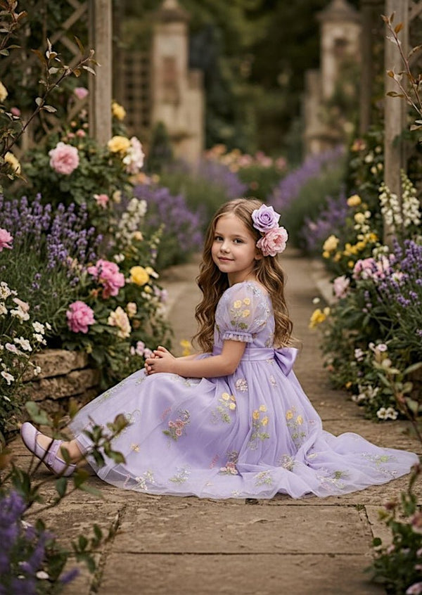 Puff Sleeve Floral Tulle Flower Girl Dress - Lavender - 