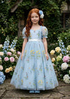 Puff Sleeve Floral Tulle Flower Girl Dress - Light Blue - 