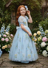 Puff Sleeve Floral Tulle Flower Girl Dress - Light Blue - 