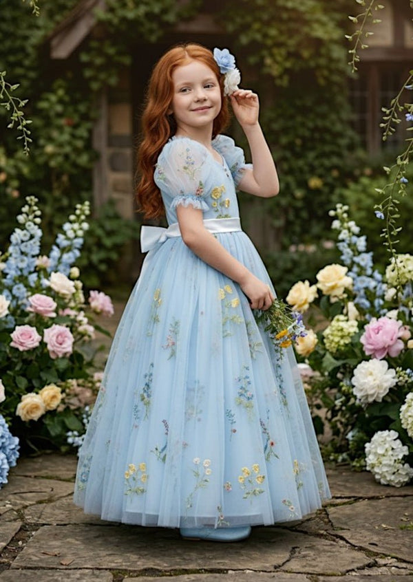 Puff Sleeve Floral Tulle Flower Girl Dress - Light Blue - 
