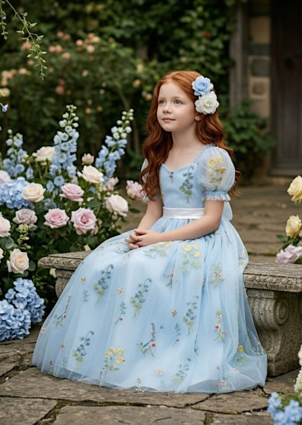 Puff Sleeve Floral Tulle Flower Girl Dress - Light Blue - 