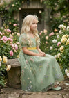 Puff Sleeve Floral Tulle Flower Girl Dress - Sage Green - 
