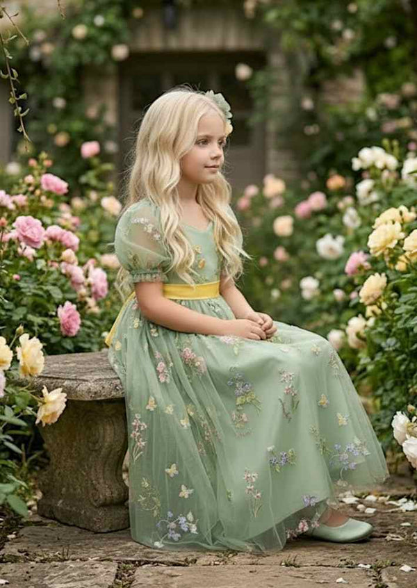 Puff Sleeve Floral Tulle Flower Girl Dress - Sage Green - 