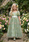 Puff Sleeve Floral Tulle Flower Girl Dress - Sage Green - 