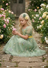 Puff Sleeve Floral Tulle Flower Girl Dress - Sage Green - 