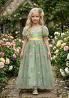 Puff Sleeve Floral Tulle Flower Girl Dress - Sage Green - 