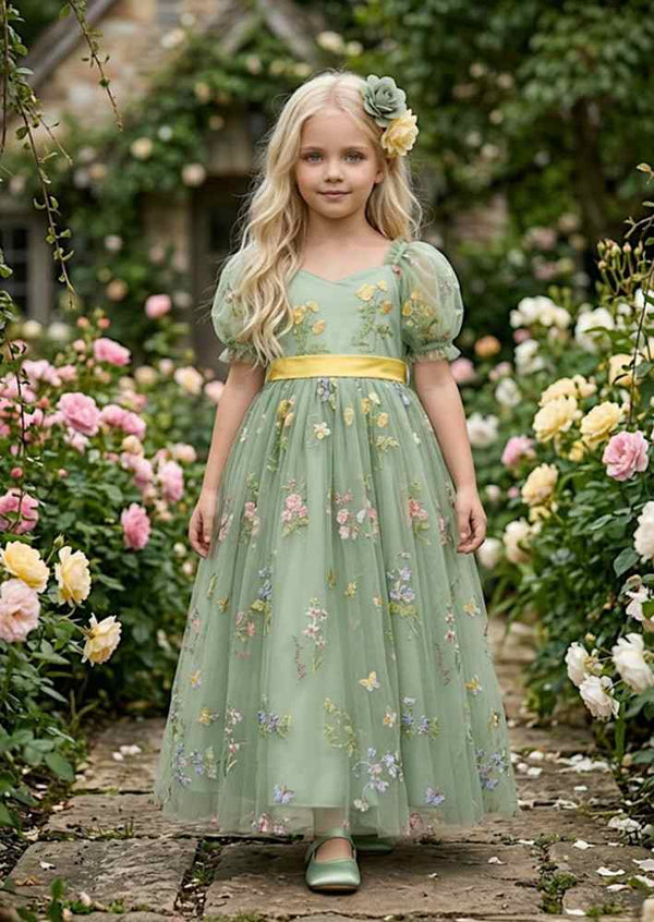 Puff Sleeve Floral Tulle Flower Girl Dress - Sage Green - 