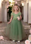 Rustic Rachel Tulle Flower Girl Dress in sage green with lace bodice and flowing tulle skirt
