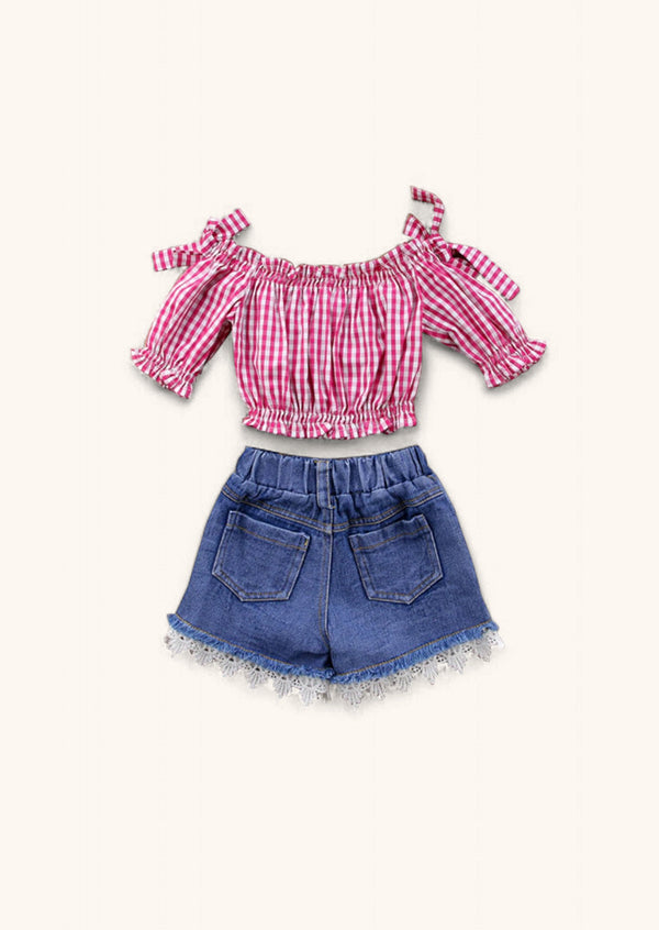 Denim Shorts with Red Check Top Set