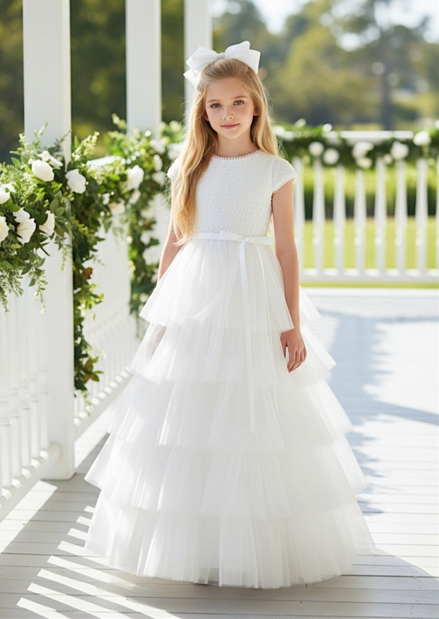 White Sequin & Beaded Bodice Princess Dress – Short Sleeve