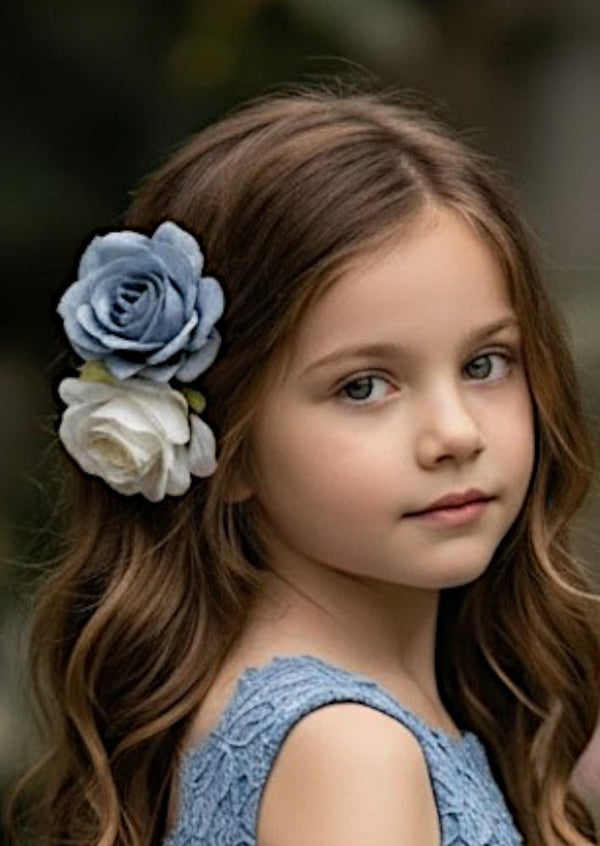 Rose Flower Clip Set Blue White - 