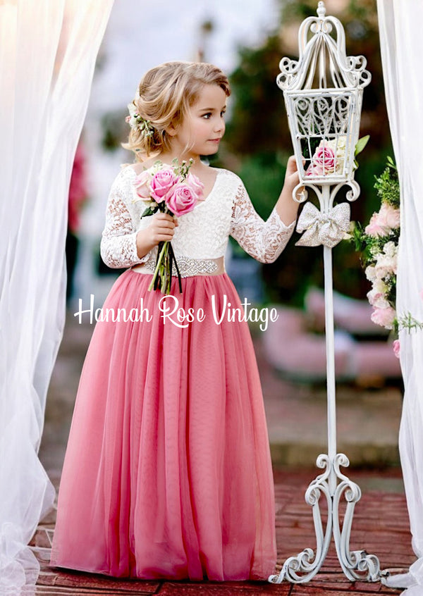 Dusty Rose Flower Girl Dress with Sleeves