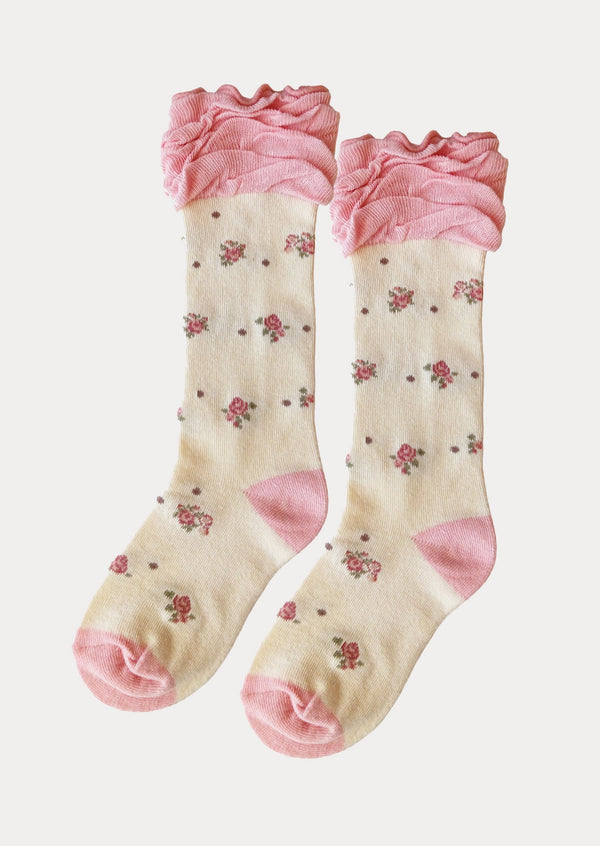 Rosebud Ruffle Socks – Cream & Pink - 