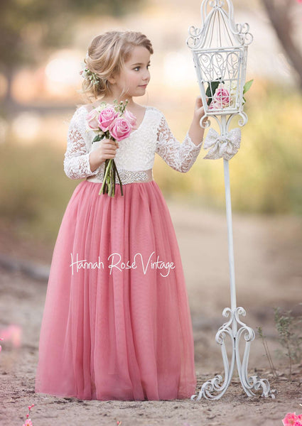 Spaghetti Strap Long Dusty Rose Floral Flower Girl Dresses