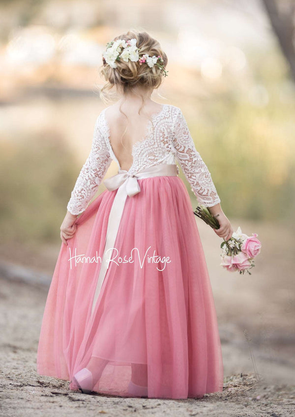 dusty rose pink flower girl dress with sleeves back view 