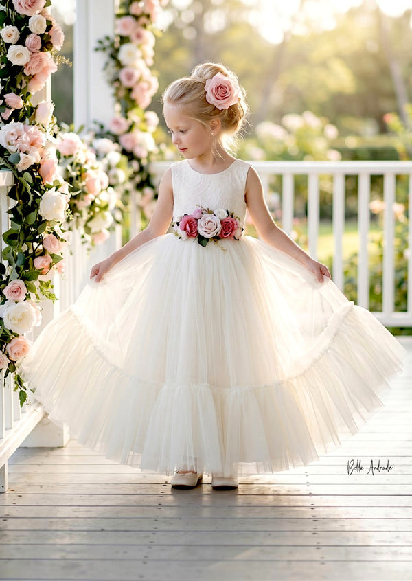 Ivory Toddler Flower Girl dress with ruffle layered hem