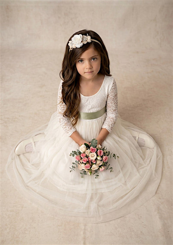 Rustic Tulle Ivory Long Sleeve Flower Girl Dress - 