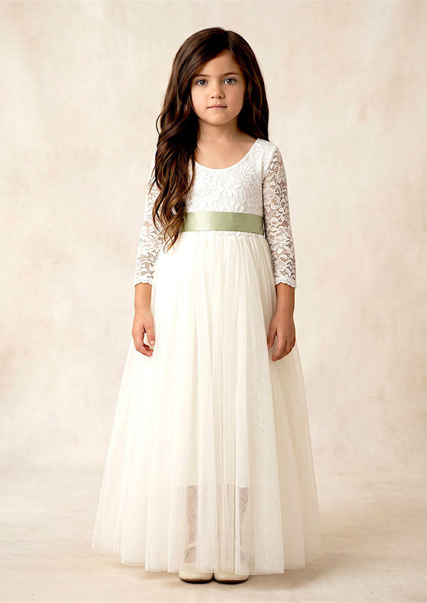 Rustic Tulle Ivory Long Sleeve Flower Girl Dress - 