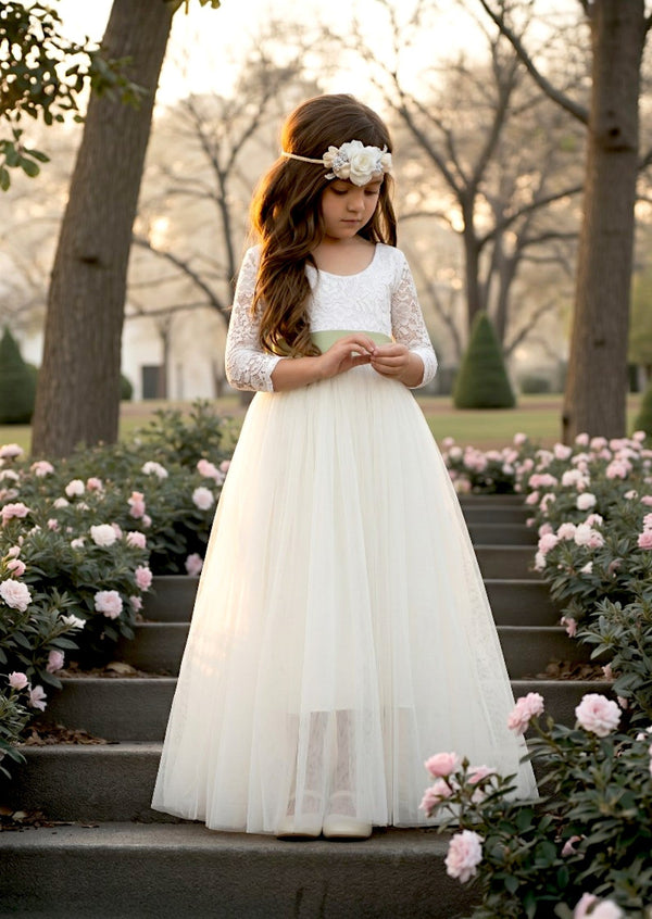 Rustic Tulle Ivory Long Sleeve Flower Girl Dress - 