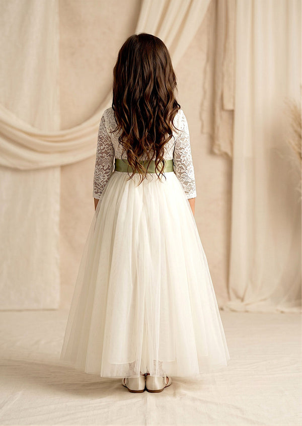 Rustic Tulle Ivory Long Sleeve Flower Girl Dress - 