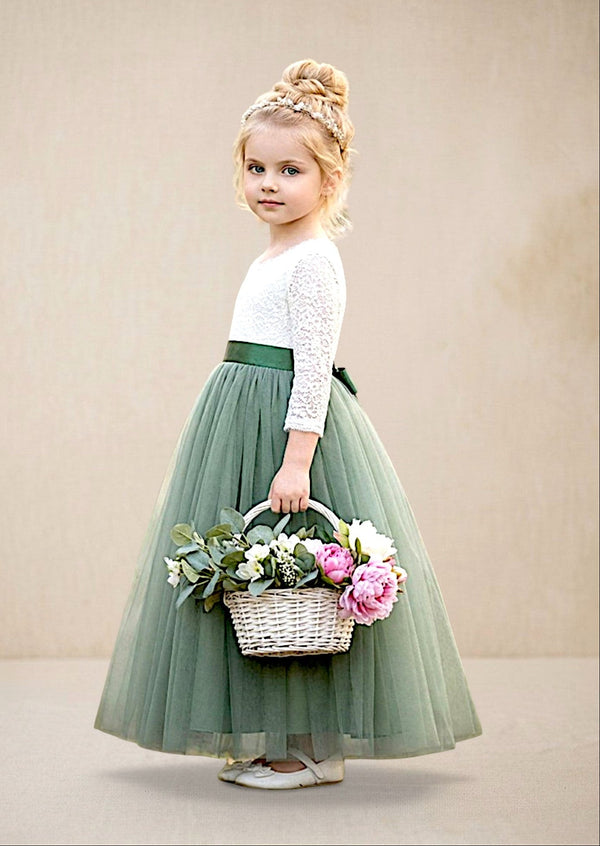 Sage Feathered V Back Lace Long Sleeve Flower Girl Dress - 