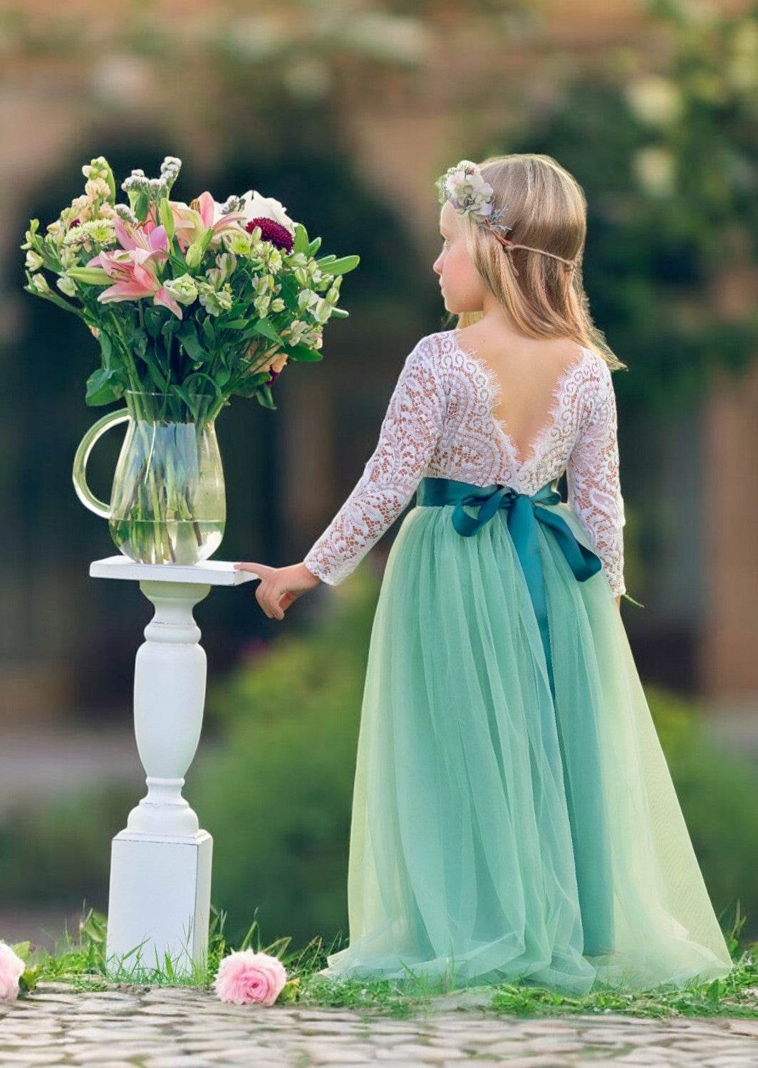 Sage Green Flower Girl Gown with Sleeves for Garden Weddings