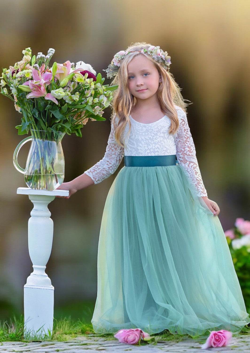 Sage Green Flower Girl Gown with Sleeves for Garden Weddings