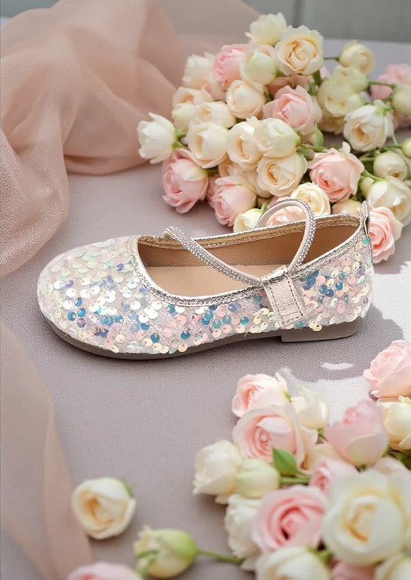 Sara Sequin Flower Girl Flats in White - 