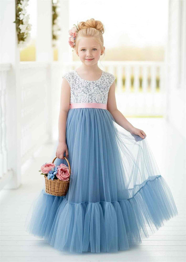 Dusty Blue Scoop Back Flower Girl Dresses for Toddlers and Teens