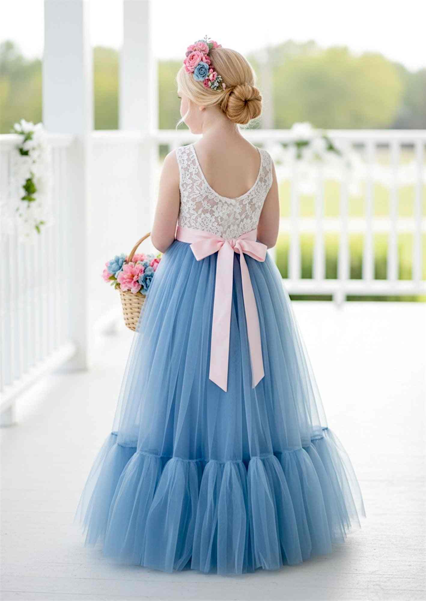 dusty blue flower girl dress with flounce