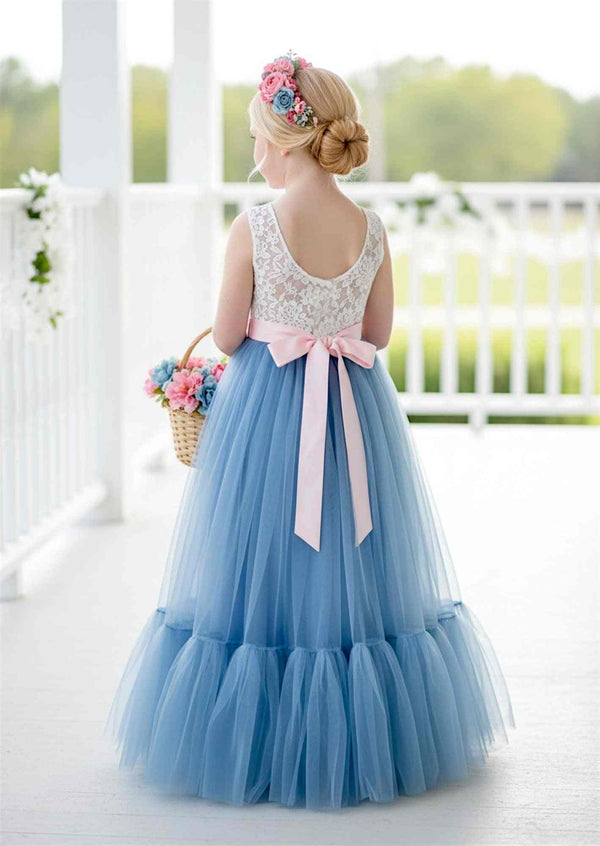 dusty blue flower girl dress with flounce