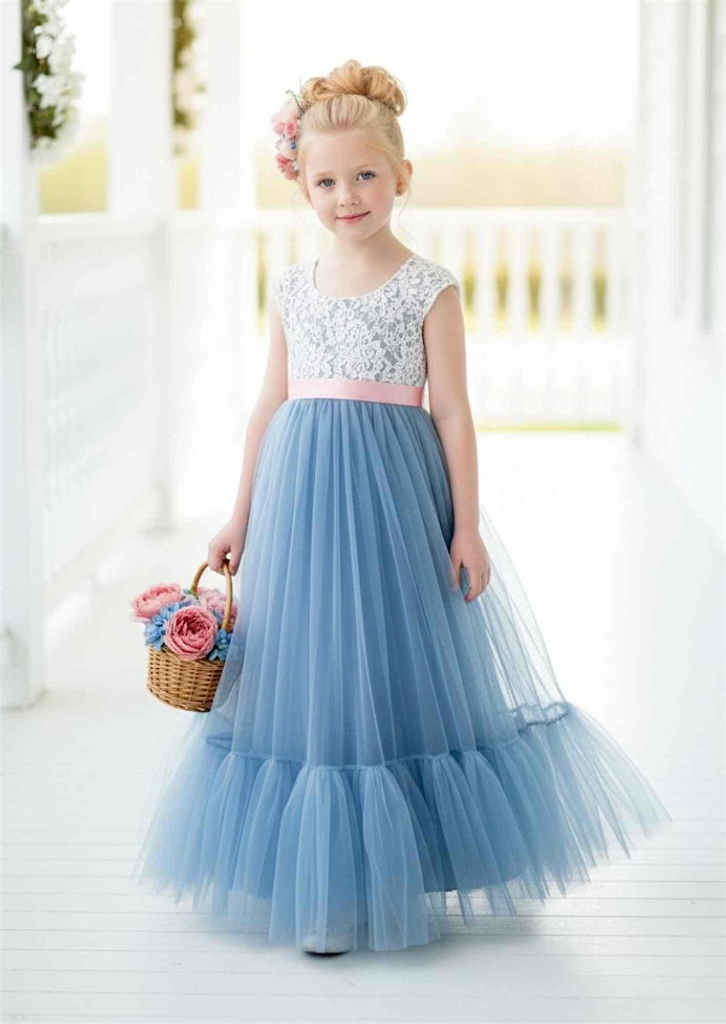 Dusty blue and white flower girl dresses