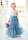 Dusty blue and white flower girl dresses