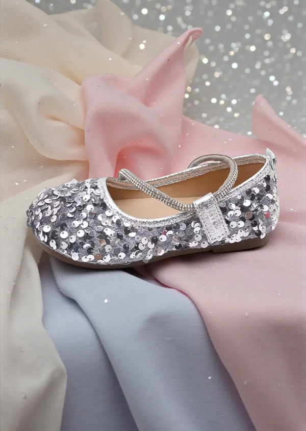 Sara Sequin Flower Girl Flats in Silver for toddlers
