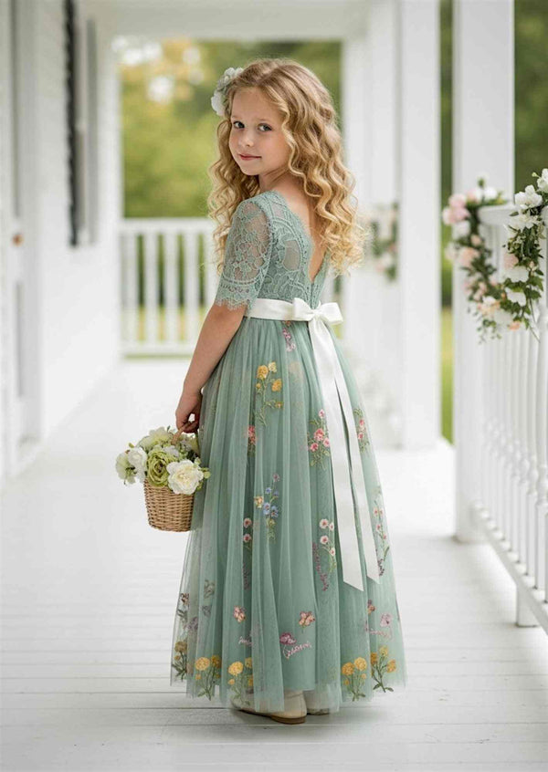 Sage Green Short Sleeve Floral Tulle Flower Girl Dress Sage Green Short Sleeve Floral Tulle Flower Girl Dress