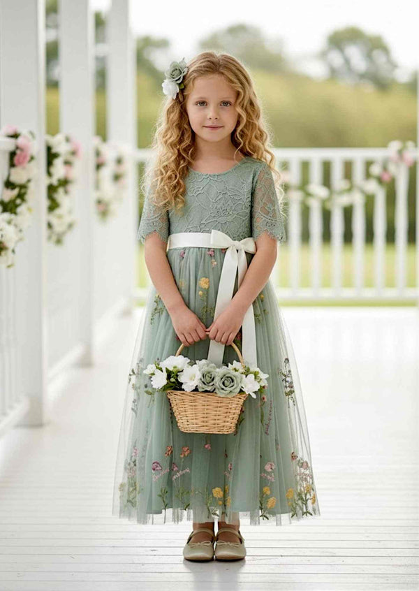 Seraphina Sage Short Sleeve Floral Flower Girl Dress - 