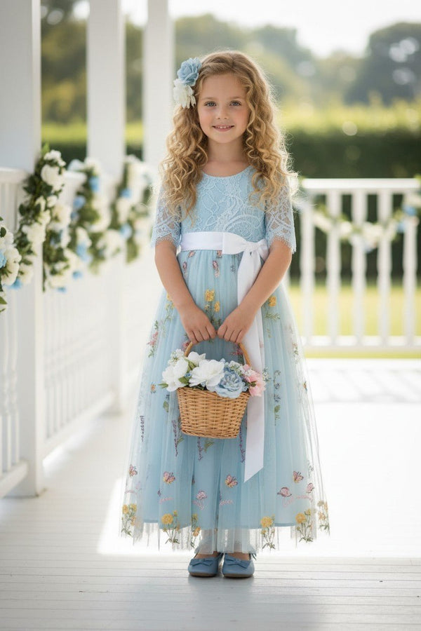 Seraphina Short Sleeve Floral Flower Girl Dress in Light Blue - 