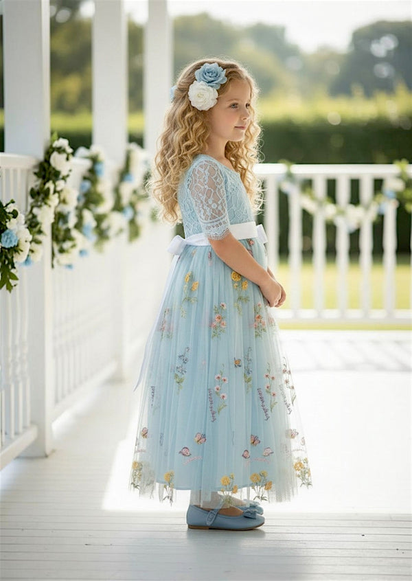 Seraphina Short Sleeve Floral Flower Girl Dress in Light Blue - 