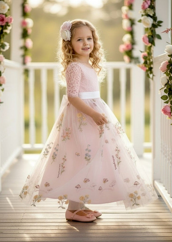 Seraphina Short Sleeve Floral Flower Girl Dress in Pink - 