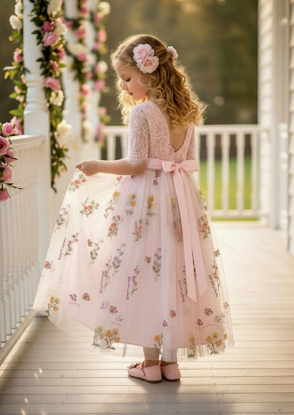 Seraphina Short Sleeve Floral Flower Girl Dress in Pink - 