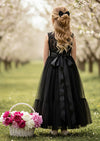 Boho & Elegant Black Flower Girl Dress  Monochromic, Gothic Weddings back view